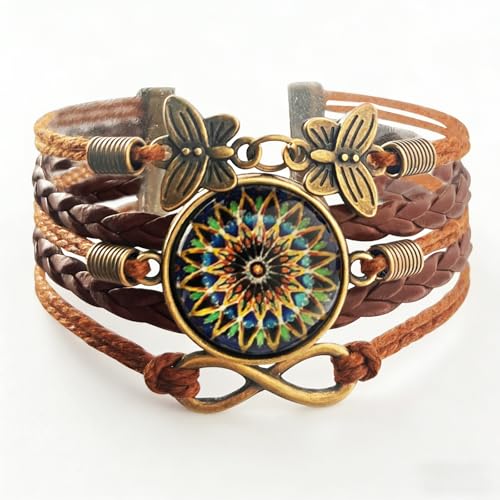 Adjustable Yoga Mandala Bracelet – Women’s Handmade Boho Braided Faux Leather Jewelry with Butterfly Charm