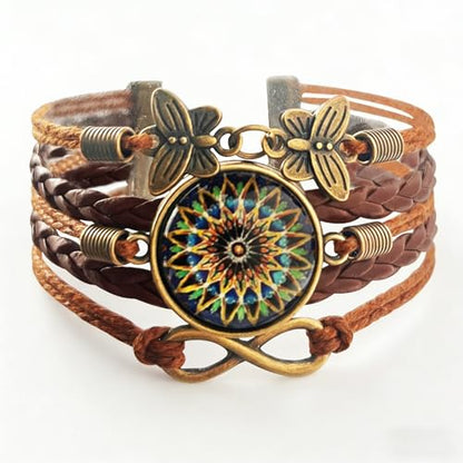 Adjustable Yoga Mandala Bracelet – Women’s Handmade Boho Braided Faux Leather Jewelry with Butterfly Charm