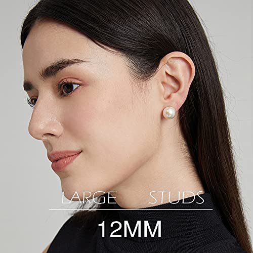 18K Gold Plated 925 Sterling Silver Shell Pearl Stud Earrings,Hypoallergenic to Sensitive Ears - style: D_L - 12mm - Silver