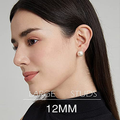 18K Gold Plated 925 Sterling Silver Shell Pearl Stud Earrings,Hypoallergenic to Sensitive Ears - style: D_L - 12mm - Silver