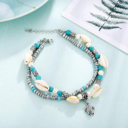 Softones Blue Starfish Turtle Anklet Multilayer Charm Beads Sea Handmade Boho Anklet Foot Jewelry for Women - style: A:Turtle 3