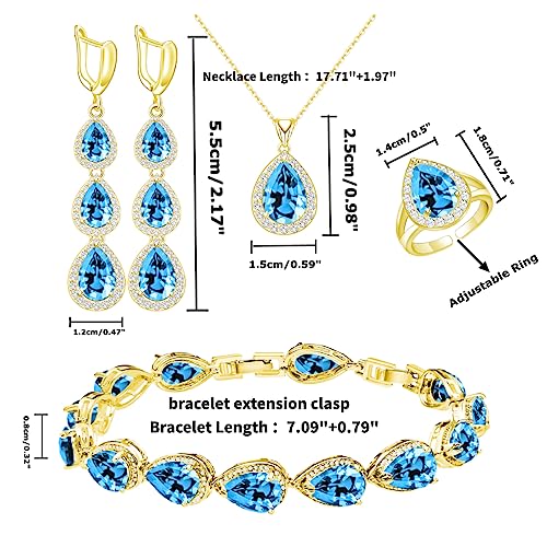 LMXXVJ Necklace Long Earrings Bracelet Set, White Gold Plated Created Blue Sapphire Jewelry Set Wedding Party Gift Jewelry for Women Bridal Bridesmaid - color: Gold-Sky Blue Ring