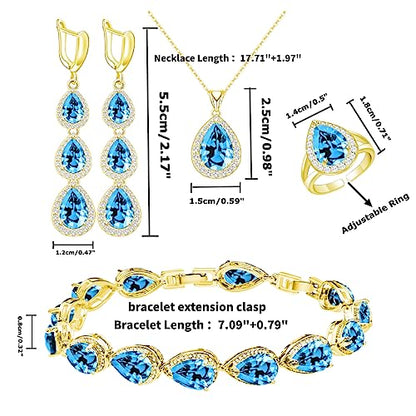 LMXXVJ Necklace Long Earrings Bracelet Set, White Gold Plated Created Blue Sapphire Jewelry Set Wedding Party Gift Jewelry for Women Bridal Bridesmaid - color: Gold-Sky Blue Ring