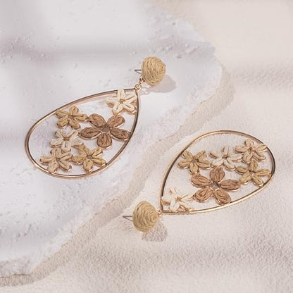 Boho Raffia Flower Teardrop Earrings Cute Colorful Dangle Trendy Jewelry | Floral Drop Statement Big Dangling Earring Hypoallergenic Gold Fun Unique Summer Spring Beach Vacation Outfits for Women - color: Nature