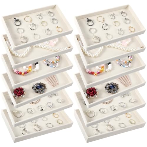 12 Pcs Small Stackable Velvet Jewelry Trays, Velvet Jewelry Trays for Drawers, Jewelry Tray Stackable Organizer Inserts for Necklace Earring Ring Bracelet (Beige, 8.3 x 5 x 0.9 Inches)