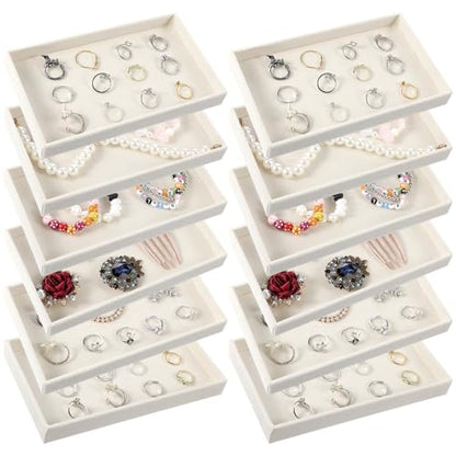 12 Pcs Small Stackable Velvet Jewelry Trays, Velvet Jewelry Trays for Drawers, Jewelry Tray Stackable Organizer Inserts for Necklace Earring Ring Bracelet (Beige, 8.3 x 5 x 0.9 Inches)