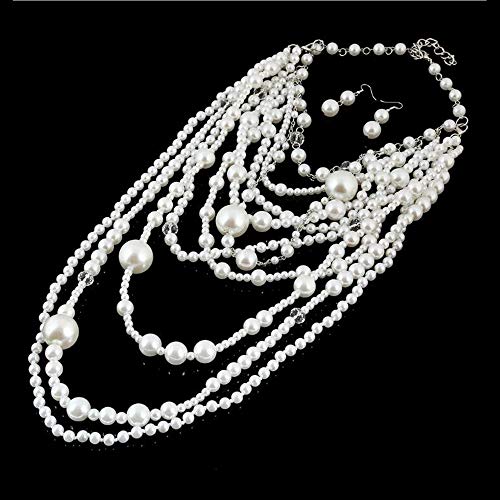 Multilayer Strand Chain Faux Pearls Flapper Beads Cluster Long Choker Necklace - color: Silver White Necklace+Pierced Earrings