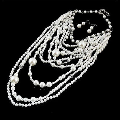 Multilayer Strand Chain Faux Pearls Flapper Beads Cluster Long Choker Necklace - color: Silver White Necklace+Pierced Earrings