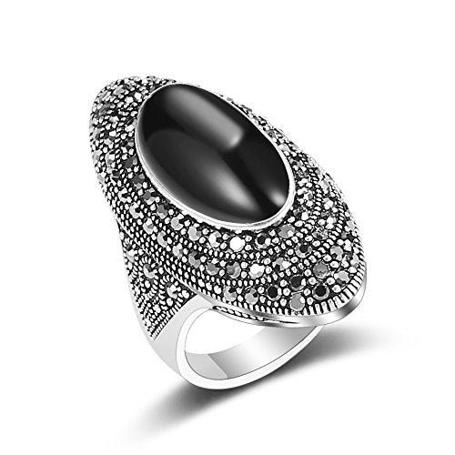 Mytys Retro Vintage Cocktail Statement Ring Black Marcasite & Crystal Rings for Women Antique Silver Big Black Onyx Stone Ring - color: Silver 3