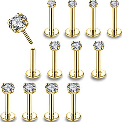 PunkTracker 16g/18g/20g Threadless Lip Rings Tragus Earrings Surgical Steel | Helix Conch Cartilage Earrings Monroe Piercing Jewelry for Women Men Labret Studs - color: 18G, Gold, Claw CZ, 7mm Length