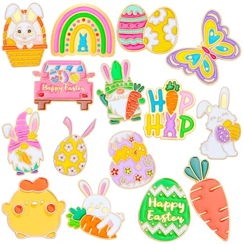 SANNIX 15Pcs Easter Pins, Easter Enamel Lapel Pins Assorted Bunny Eggs Carrot Butterfly Badge Brooches for Backpacks Bags Hats Accessories Party Favor - style: Easter Pin