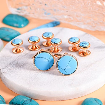 HAWSON Cufflinks and Tuxedo Studs Set for Men with Gift Box, Mother-of-Pearl Cuff links for French Cuff Shirt and Dress Shirt, Suitable for Wedding, Birthday, Party - style: Turkey Stone