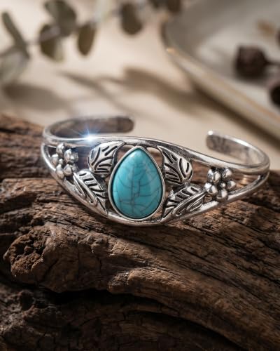 Boho Vintage Turquoise Cuff Bracelet for Women Silver Open Bangle Cuff Western Adjustable Bracelet for Everyday Wear