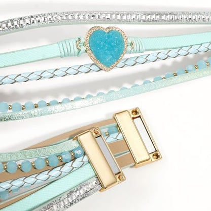 Suyi Multilayer Leather Wrap Bracelet Heart-Shape Wide Bracelets for Women - color: Light Blue 2