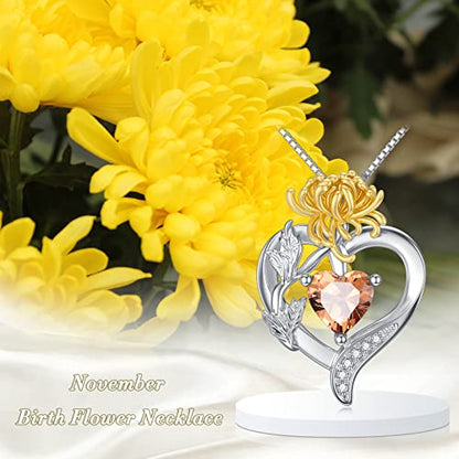 TOUPOP Birth Flower Necklace 925 Sterling Silver Heart Birthstone Pendant Necklaces Birth Month Floral Jewelry Birthday Valentines Day Mothers Day Gifts for Women Wife Mom - style: 11-November-Chrysanthemum