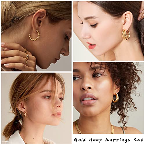 IFKM Gold Plated Jewelry Set for Women,14k Gold Plated Multi Layer Necklaces Stackable Bangle Bracelets Stackable Knuckle Rings Hoop Earrings Set Anniversary Trendy Elegance Charms Anniversary Birthday Jewelry Gift - color: Gold stackable
