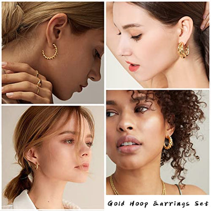 IFKM Gold Plated Jewelry Set for Women,14k Gold Plated Multi Layer Necklaces Stackable Bangle Bracelets Stackable Knuckle Rings Hoop Earrings Set Anniversary Trendy Elegance Charms Anniversary Birthday Jewelry Gift - color: Gold stackable