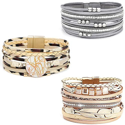 Wowanoo 3Pack Leather Cuff Bracelet Set Multilayer Wrap Bracelet Crystal Feather Tree Bracelet Magnetic Clasp Bracelet for Women - color: CrystalLeopard