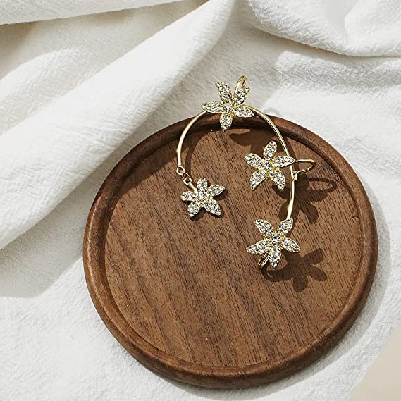BETHYNAS Glitter Rhinestone Butterfly Flower Ear Cuff Sparkly Non-Pierced Crystal Tassel Fake Earrings Climber Lady Ear Wrap Bridal Party Ear Jewelry for Women and Girls - color: Gold Flower