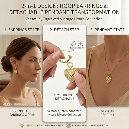 14K Gold Plated Heart Earrings for Women, Hypoallergenic Half Hoop Drop Earrings, Gift for Wife Mom Her by Febsky
