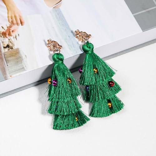 Boho Statement Tassel Earrings - Clip On Feather Dangling Fringe Earrings for Women - Non Piercing Jewelry for Vacation, Beach, Bride, Bachelorette, Costume, Prom - color: Christmas Tree Clip On