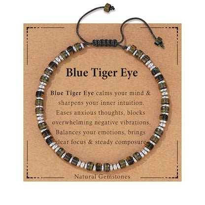 Healing Crystal Bracelet for Men Women, Triple Protection Hematite Black Obsidian Tiger Eye Natural Gemstone Beaded Bracelets Jewelry Gifts for Him - color: Blue Tiger Eye