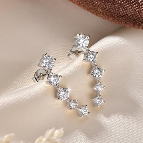 Moissanite Crawler Stud Earrings for Women, 14K Gold Plated Imitation Diamond 2.4 Carats Earrings Jewelry Valentine Anniversary Day Birthday Gifts for Her - color: Silver