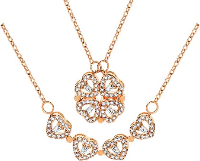 Four Leaf Clover Necklace Foldable for Women,925 Sterling SIlver Bling zircon stone Four Heart Grass Women's Necklaces Crocker ,Retro Magnetic Folding Love Heart Pendant One Style,Two Wearing Methods - color: Rose Gold