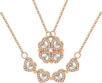Four Leaf Clover Necklace Foldable for Women,925 Sterling SIlver Bling zircon stone Four Heart Grass Women's Necklaces Crocker ,Retro Magnetic Folding Love Heart Pendant One Style,Two Wearing Methods - color: Rose Gold