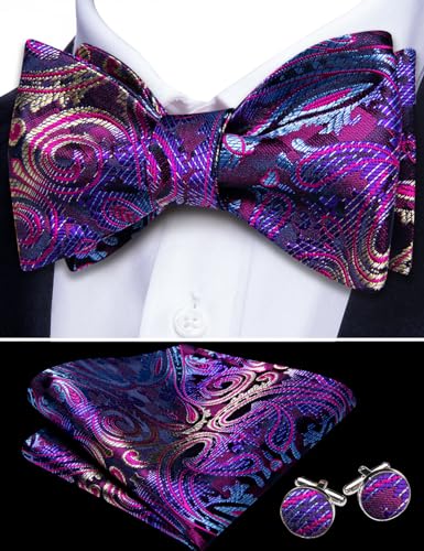YOHOWA Bow Ties for Men Self-tied Silk Bowtie Solid Color with Lapel Pin and Handkerchief Cufflinks for Wedding Party Prom - color: Deep Purple