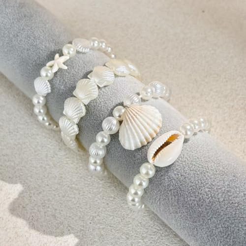 Pearl Bracelets for Women Simulated Pearl Beaded Bracelet White Pearls Stackable Stretch Bracelet Set Multilayered Elastic Pearls Bracelets for Women Bridesmaid Bridal Jewelry - color: shell