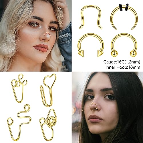 Stainless Steel Nose Rings Chain Horseshoe Nose Ring Body Piercing Jewelry | African Star Heart Studs Horseshoe Nose Cuff Septum Chain Body Piercing Jewelry Set for Women Men, Silver - color: 14K Gold Plated