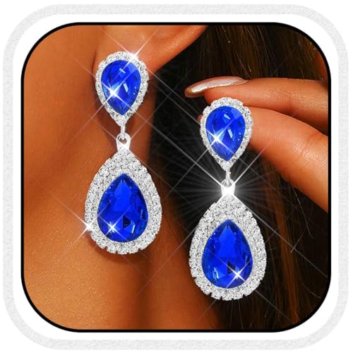 Catery Crystal Wedding Earrings Silver Rhinestone Ear Rings Teardrop Bridal Ear Jewelry for Brides and Women - color: Blue
