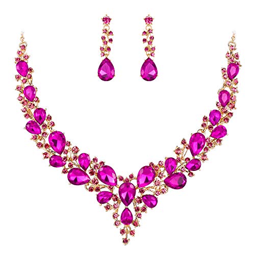 Women's Wedding Statement Necklace Dangle Earring Jewelry | Austrian Crystal Teardrop Cluster,Necklaces Earrings Set for Bride Bridesmaid,Prom Accessories - color: 15-Fuchsia Gold-Plated-Base