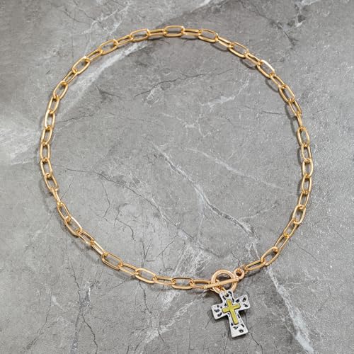 Chunky Cross Necklace for Women,Gold Silver Layered Hammered Cross Pendant Necklace Statement Paperclip Toggle Charm Chain Herringbone Snake Choker Christian Jewelry Outfit Accessories - color: ASilver Gold