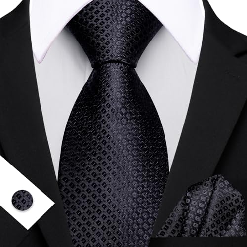 YOHOWA Men Plaid/Striped Ties Clip Set Silk Necktie Pocket Square Cufflinks | Woven Classic,Formal/Casual Mens Tie,Pocket Square Cufflinks Set,Luxury,Business,Wedding,Party,Prom,Graduation - color: Black B
