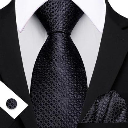 YOHOWA Men Plaid/Striped Ties Clip Set Silk Necktie Pocket Square Cufflinks | Woven Classic,Formal/Casual Mens Tie,Pocket Square Cufflinks Set,Luxury,Business,Wedding,Party,Prom,Graduation - color: Black B