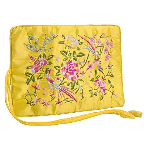 TUMBEELLUWA Embroidery Travel Jewelry Bag Roll Embroidered Flower and Bird Brocade Organizer with Tie Close - color: Yellow