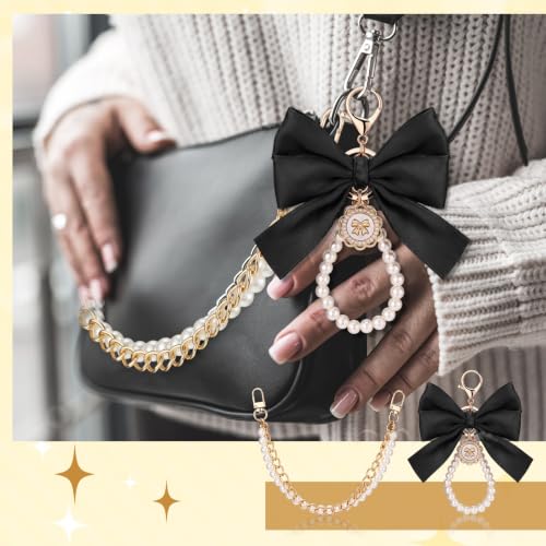 Sureio 5 Pcs Bag Extender Chain Pearl Purse Chain Ribbon Bow Keychain Extender Bag Strap Purse Charms Accessories for Handbag - color: Black and White