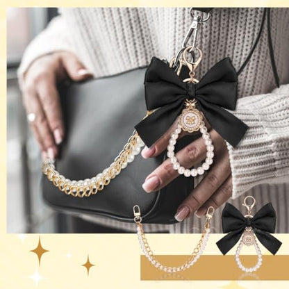 Sureio 5 Pcs Bag Extender Chain Pearl Purse Chain Ribbon Bow Keychain Extender Bag Strap Purse Charms Accessories for Handbag - color: Black and White