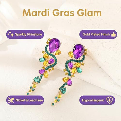 Fashion Rhinestone Statement Drop Dangle Earrings Long Colorful Crystal Bridal Wedding Teardrop Chandelier Earrings for Women Prom Pageant - color: Mardi Gras