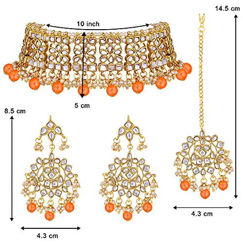 Aheli Elegant Indian Faux Kundan Studded Choker Necklace with Maang Tikka Set Ethnic Wedding Wear Bharatanatyam jewellery set Gift for Women - color: Orange