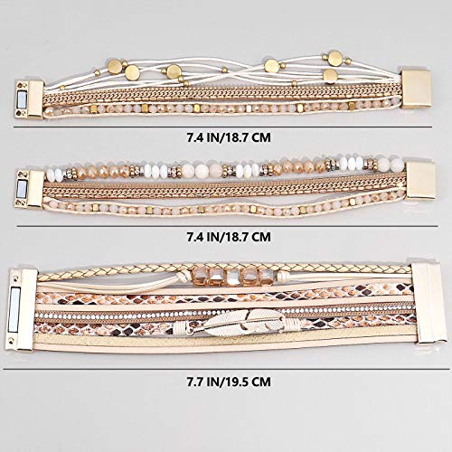 Leather Wrap Bracelet Set 3Pack Wrist Cuff Bracelet for Women Multilayer Magnetic Clasp Bracelet Feather Tree Bead Crystal Bracelet - color: Crystal