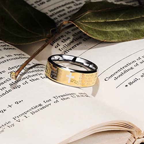 King Will Stainless Steel Men Ring Lord's Prayer Cross Ring Stainless Steel Men Wedding Ring, Wedding Band Bible Engraved Rings High Polished, Comfort Fit | 8mm, Gold/Silver/Black Wedding Band, Bible Engraved Rings, High Polished, Comfort Fit, Size 7-14 -