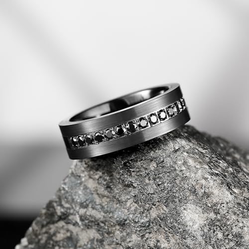 King Will Mens Tungsten Wedding Band with Cubic Zircon Inlay 7mm/8mm Flat Cut Comfort Fit Engagement Rings - color: Gunmetal&Black-7mm