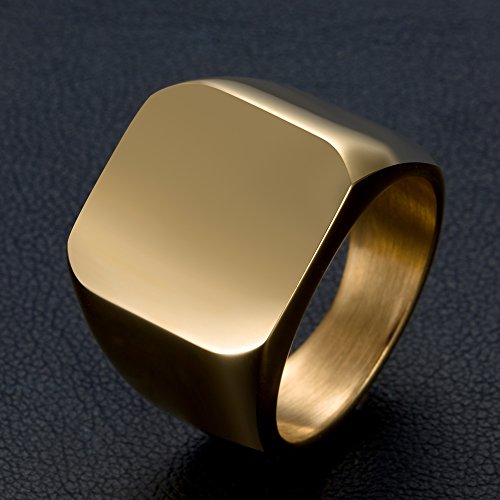 Stainless Steel Signet Ring for Men Solid Square Biker Rings Matte Brushed/Polished Finish - color: Polished, Gold