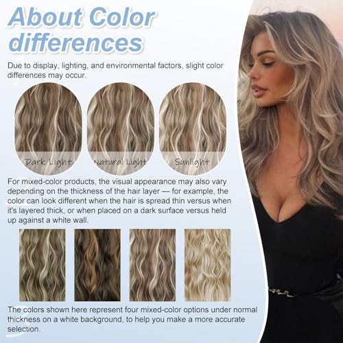 Ash Brown Halo Hair Extensions with Beach Blonde Highlights | 20 Inch Wavy Synthetic Fiber with Invisible Wire and 4 Secure Clips for Easy Daily Styling and Party Wear - color: Ash Brown with Beach Blonde