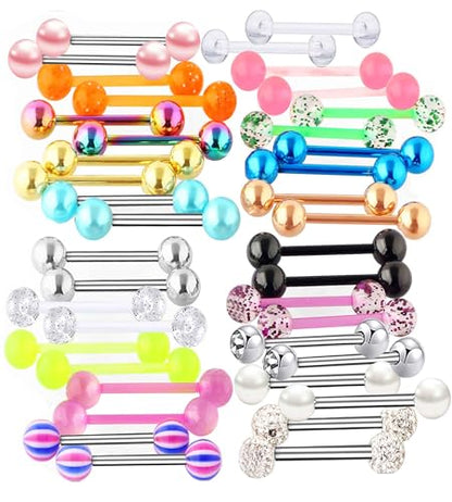 Suotarn 40pcs 14G Tongue rings For Women Stainless Steel Straight Tongue Barbell UV Acrylic Plastic Tongue Piercing Jewelry Nipple Piercings 5/8" Glow in Dark Flexible Retainer Body Jewelry for Men