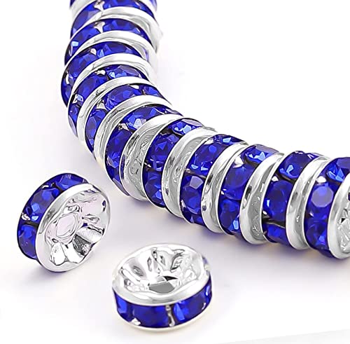 200Pcs 8mm Rondelle Spacer Beads Silver Plated Blue Crystal Rhinestone for Jewelry Making Loose Beads for Bracelets - color: blue, size: 8mm