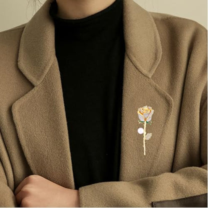 Anmpab Sparkling Rose Flower Brooch with Rhinestone Luxury Crystal Floral Pearl Pin for Women Wedding Bridal Jewelry for Blazer Dress Scarf Hat - color: Gold